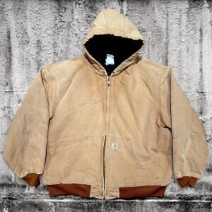 Carhartt J140 Tan Duck Canvas - Active Jacket Quilted Lined Hoodie Workwear 2XL